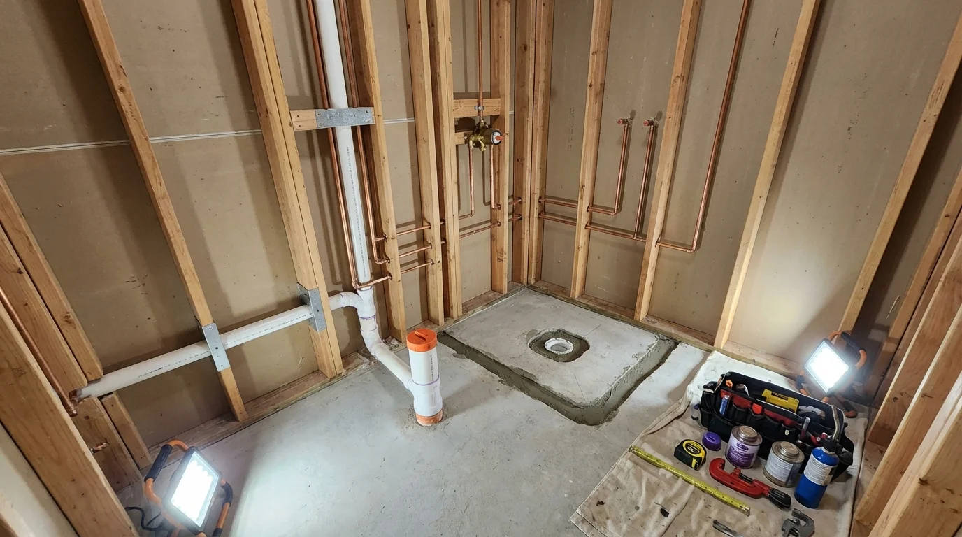 Bathroom rough-in plumbing during remodel by Johns Plumbing LLC in Boyne City
