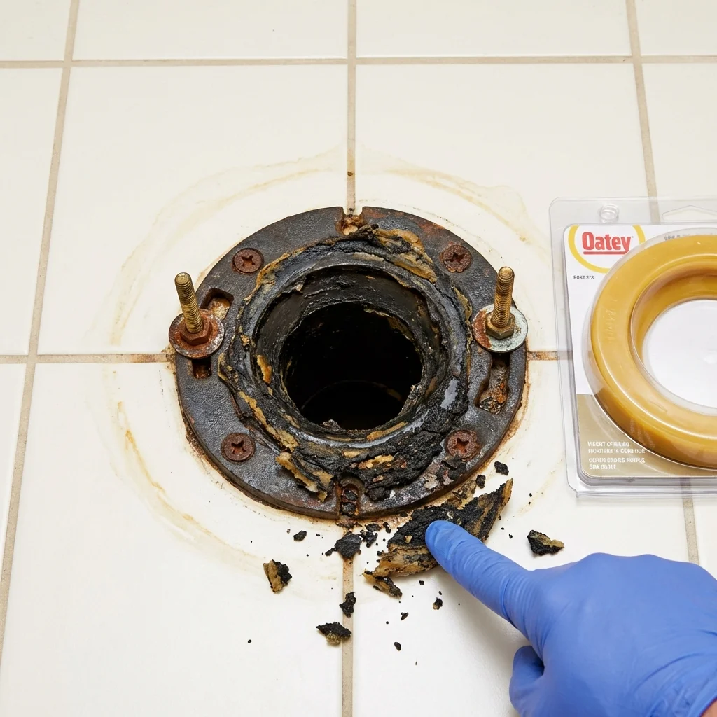Failed wax ring showing water seepage at the base of a toilet in a Boyne City, MI home