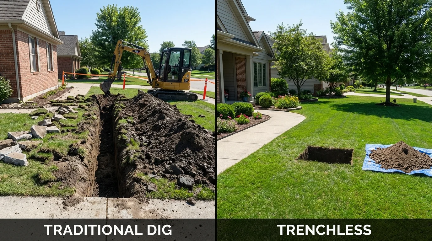Trenchless sewer repair with minimal yard damage versus traditional excavation in Boyne City, MI